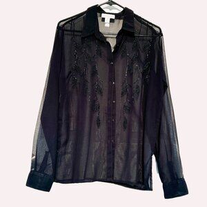 Dressy black sheer chiffon blouse with black beaded design on front